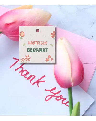 Hartelijk bedankt - Set van 12 bloemkaartjes 70x70 mm - gepersonaliseerd met jouw logo