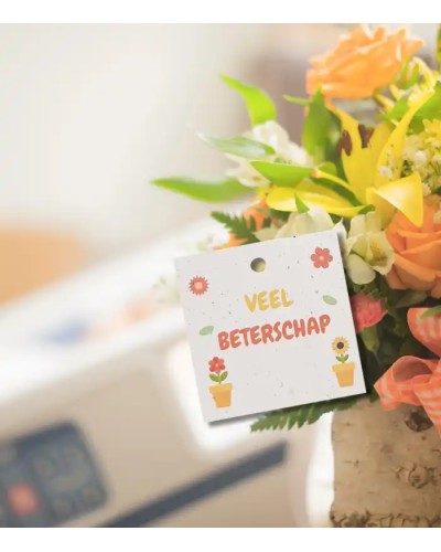 Veel beterschap - Set van 12 bloemkaartjes 70x70 mm - gepersonaliseerd met jouw logo