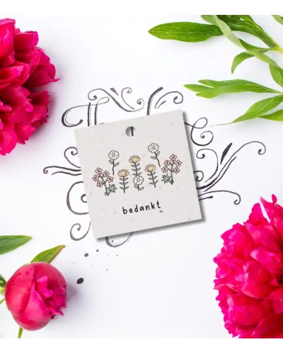 Bedankt bloemen - Set van 12 bloemkaartjes 70x70 mm - gepersonaliseerd met jouw logo