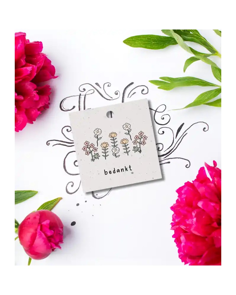 Bedankt bloemen - Set van 12 bloemkaartjes 70x70 mm - gepersonaliseerd met jouw logo