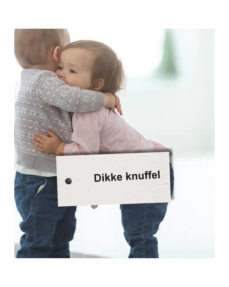 Dikke knuffel - Set van 12 bloemkaartjes 105x50 mm - gepersonaliseerd met jouw logo